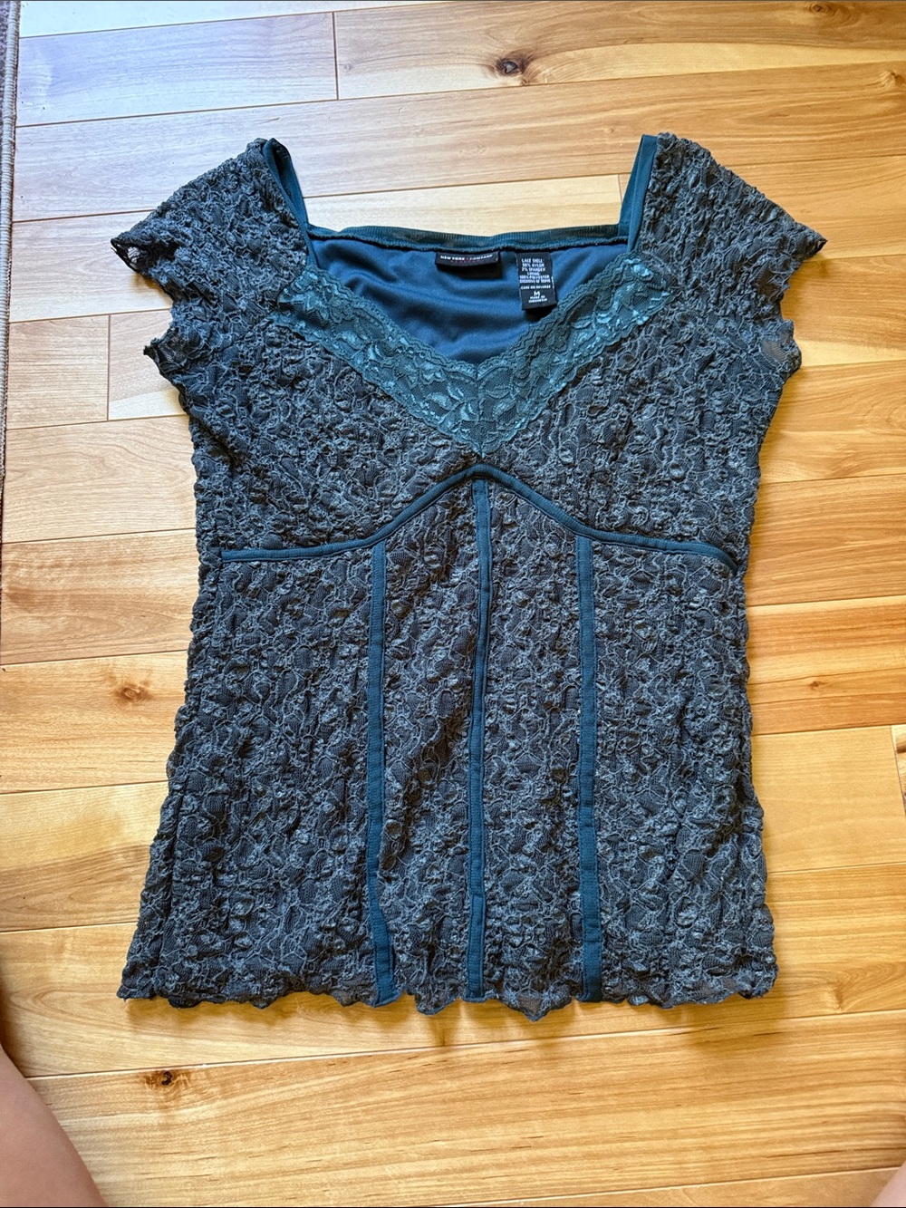 New York & Company Dark Teal Lace Short Sleeve Top